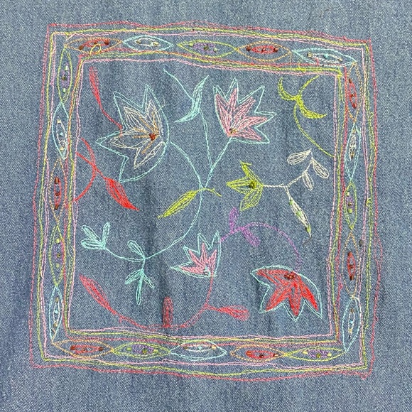 COUNTRY WEAR Vintage Denim Beaded Short Sleeve Shacket Pink Floral Large Petite - Picture 9 of 16